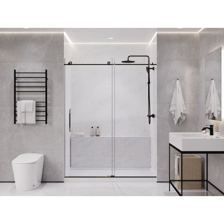 Anzzi Madam Series 76-in. x 60-in. Frameless Sliding Shower Door in Matte Black and Brushed Gold SD-AZ13-02MBBG